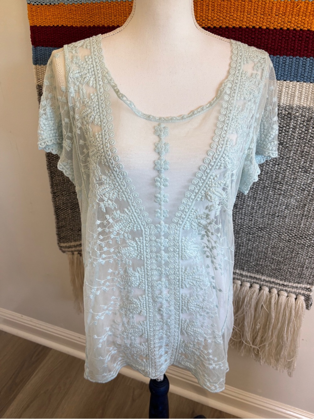 Sundance Light Blue Embroidered Sheer Lace Mesh Blouse